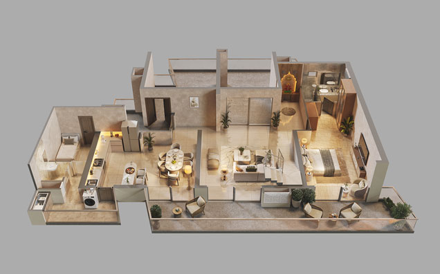 Type 05 - 3 BHK + S Duplex Lower Unit (3D)